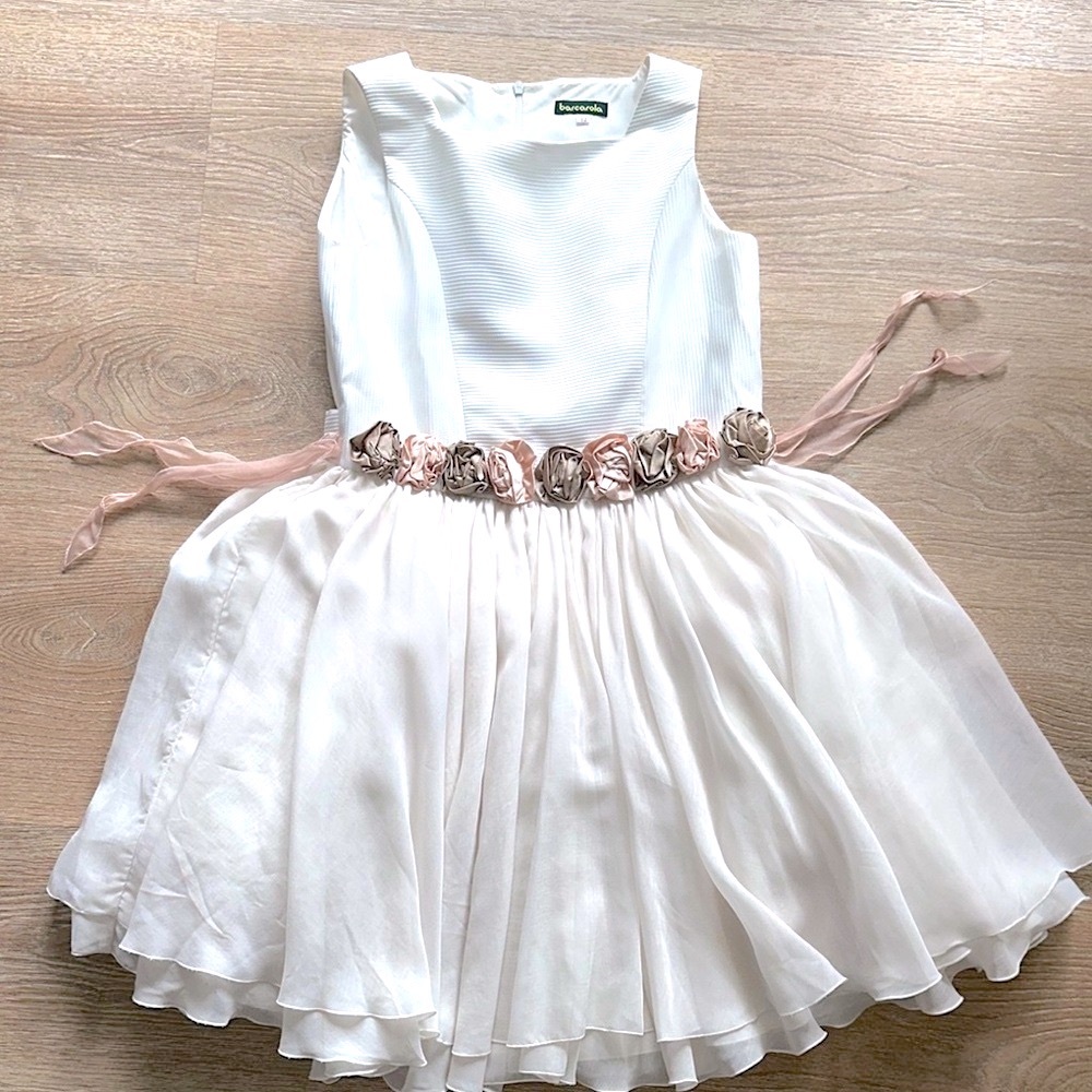 Barcarola White and Pink Sleeveless Dress with Floral Belt